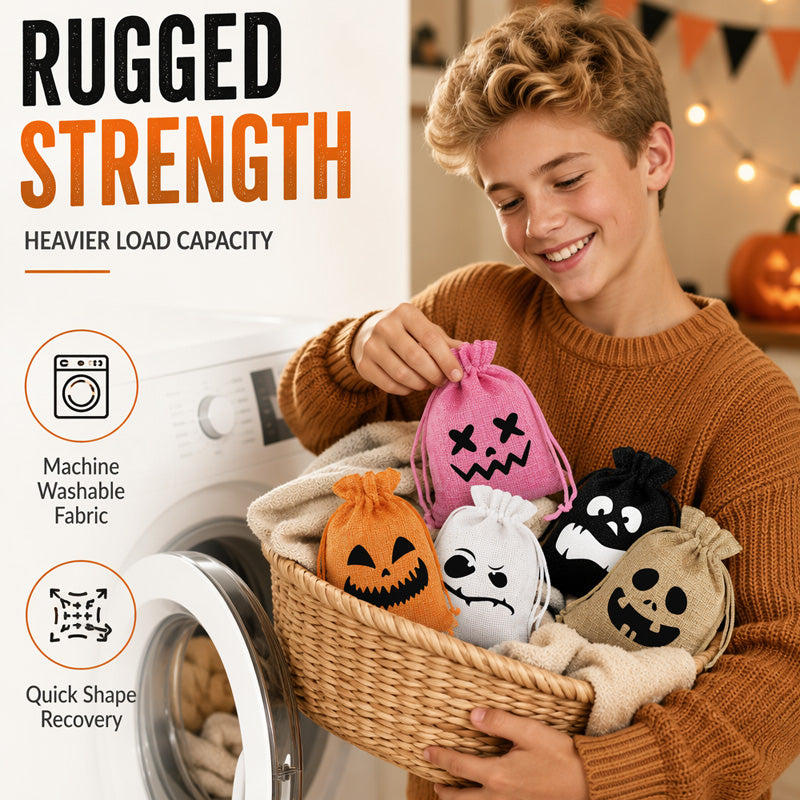 Halloween Drawstring Burlap Bags Spooky Face Treat Pouch