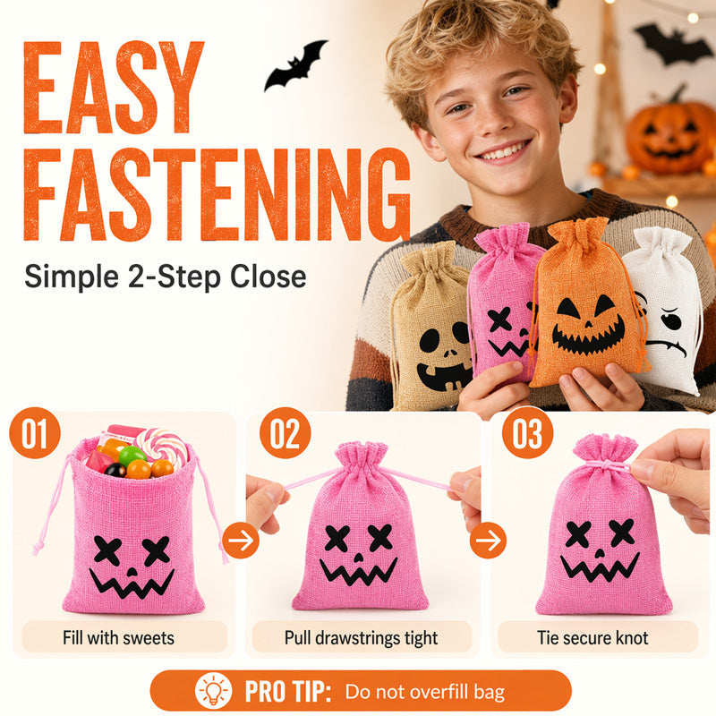 Halloween Drawstring Burlap Bags Spooky Face Treat Pouch