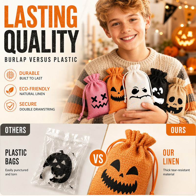 Halloween Drawstring Burlap Bags Spooky Face Treat Pouch