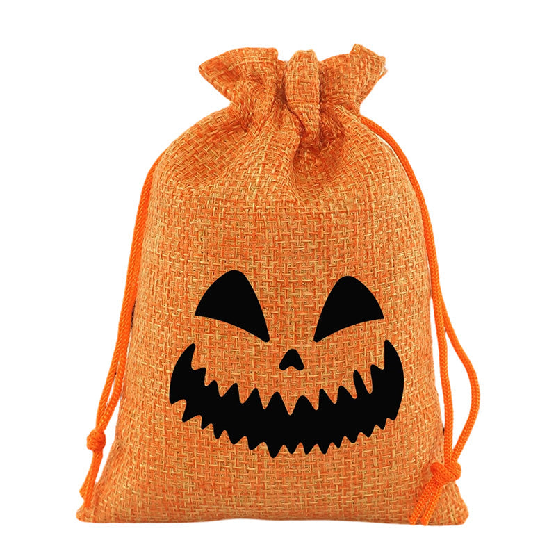 Halloween Drawstring Burlap Bags Spooky Face Treat Pouch