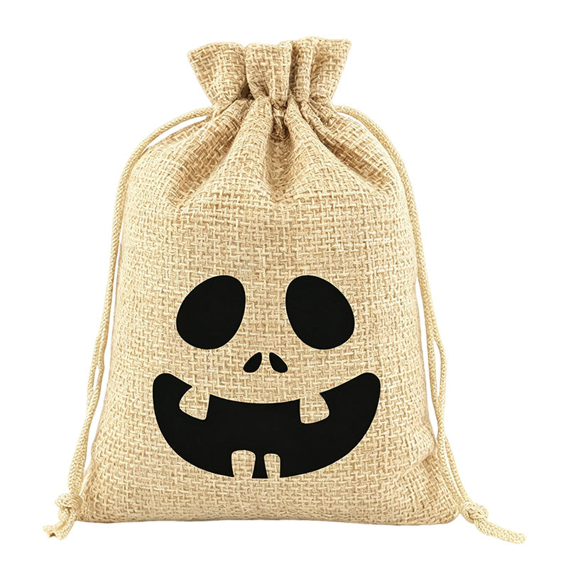 Halloween Drawstring Burlap Bags Spooky Face Treat Pouch