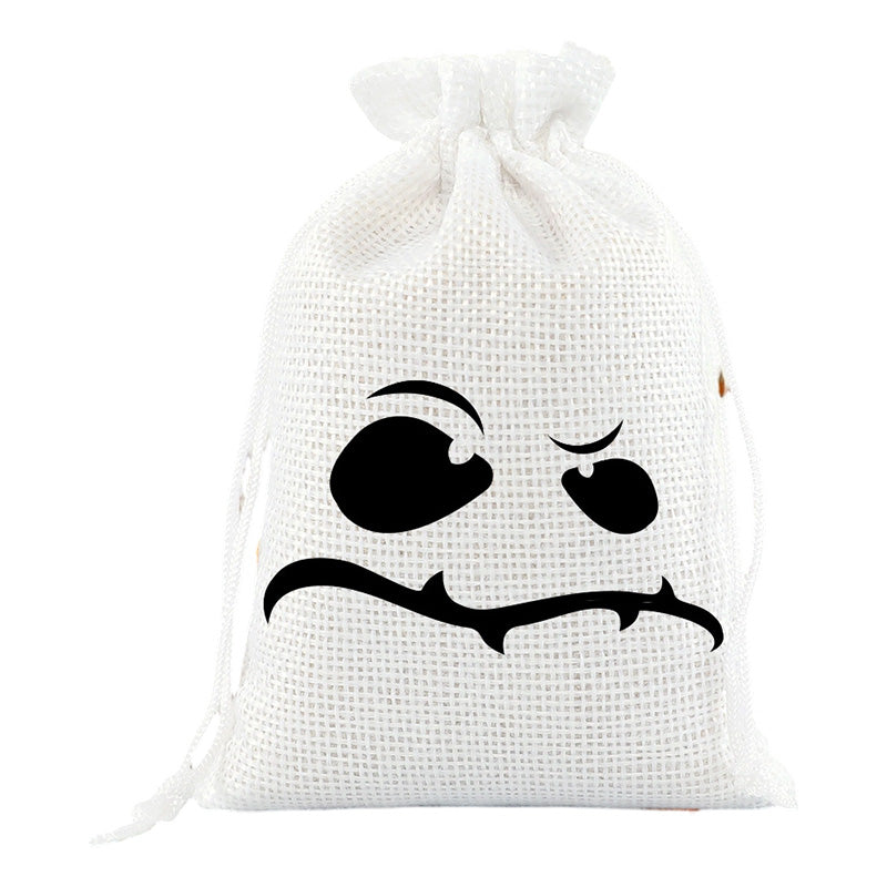 Halloween Drawstring Burlap Bags Spooky Face Treat Pouch