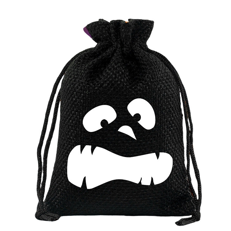 Halloween Drawstring Burlap Bags Spooky Face Treat Pouch