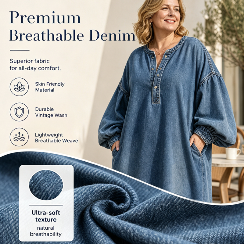 👗 Long Lantern Sleeve Maxi Denim Dress – Flowing Silhouette for Effortless Style