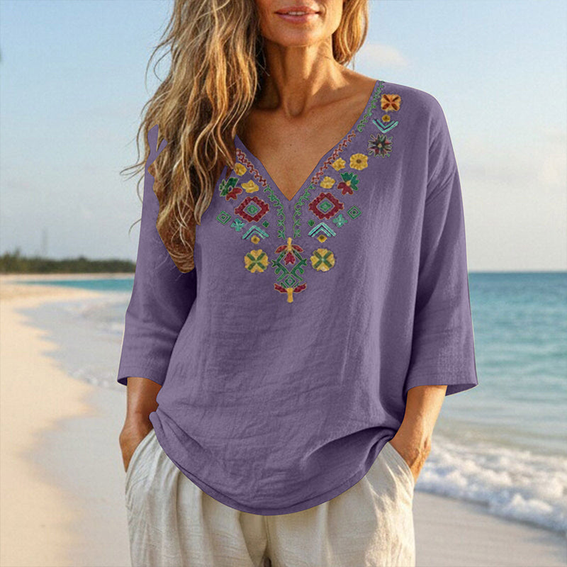 Women's Vintage Floral Embroidery V-Neck Top