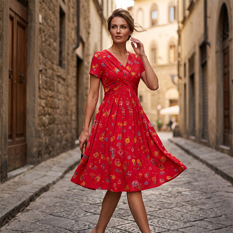 🌸 Floral V-neck dress with a twist at the waist—elegant and casual for any occasion