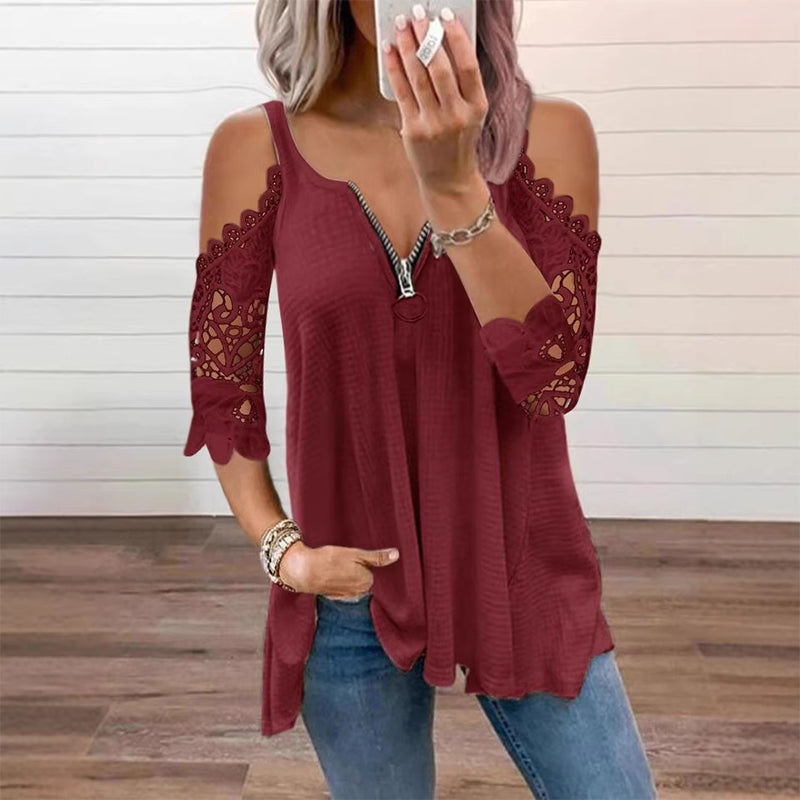 Women's Lace Cold Shoulder Top with Zipper