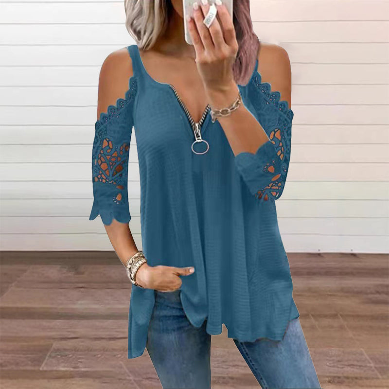 Women's Lace Cold Shoulder Top with Zipper