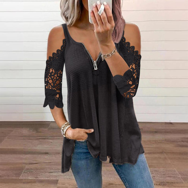 Women's Lace Cold Shoulder Top with Zipper