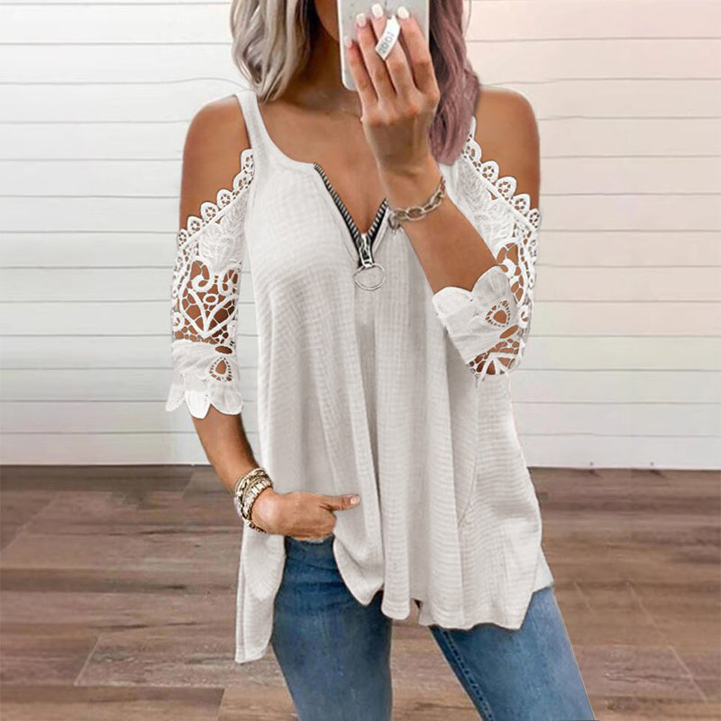 Women's Lace Cold Shoulder Top with Zipper