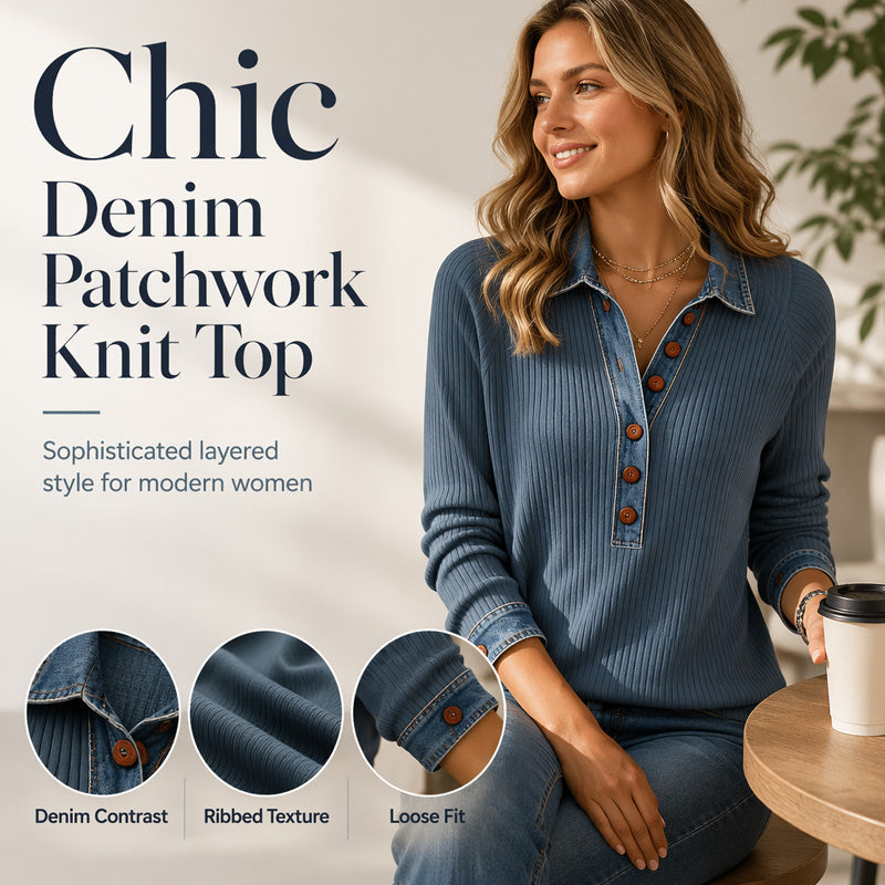 Women's Denim Collar Long Sleeve Patchwork Knit Top