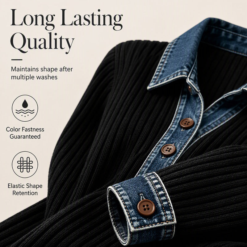 Women's Denim Collar Long Sleeve Patchwork Knit Top