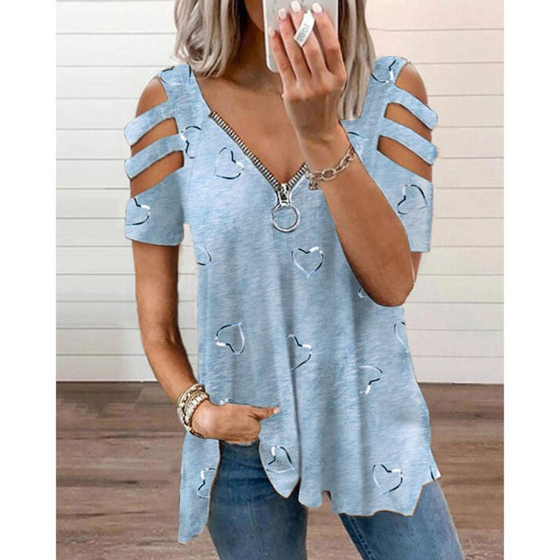 Heart Print V-Neck Zip T-Shirt