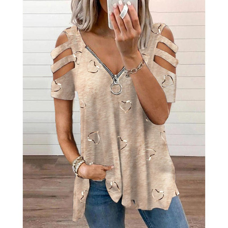Heart Print V-Neck Zip T-Shirt