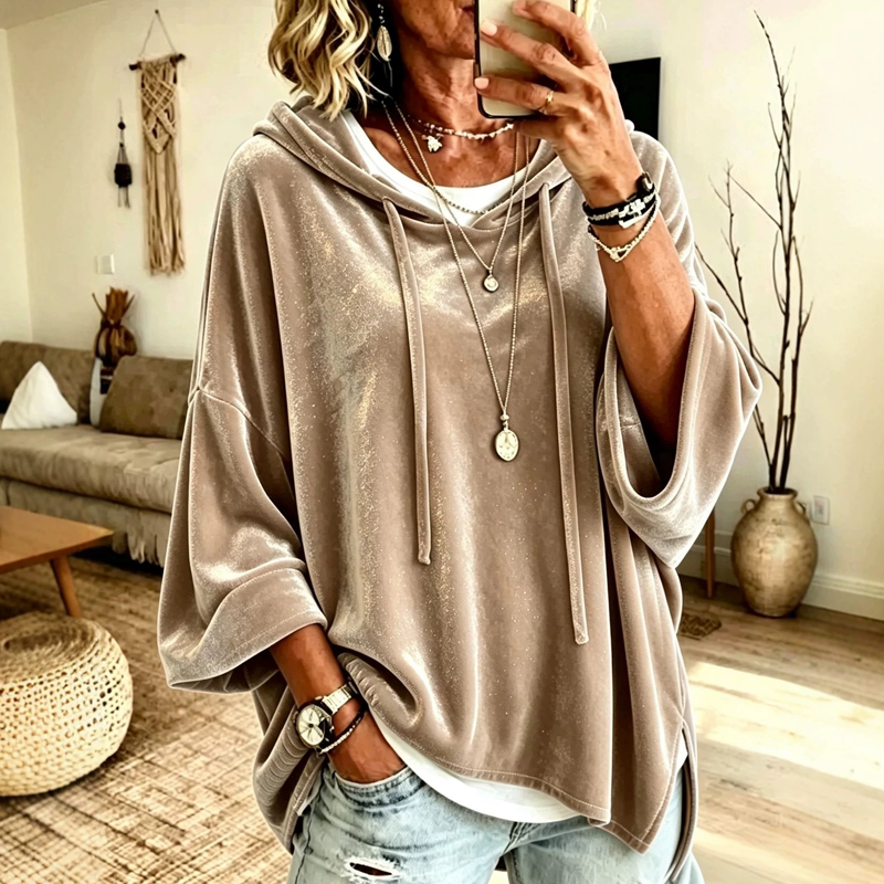 Women's Loose-Fit Velvet Drawstring Pullover Sweatshirt