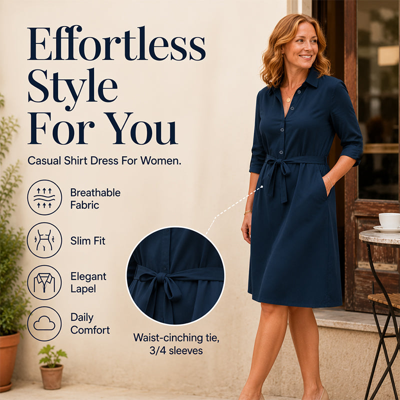 ✨Women's 3/4 Sleeve Shirt Dress with Belt– Effortless Elegance & Flattering Style 🤍