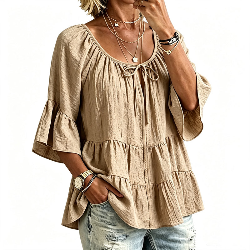 🔥Must-Have👚 Ruffle Tiered Top with 3/4 Sleeves - Elegant Movement & Soft Texture for Effortless Chic