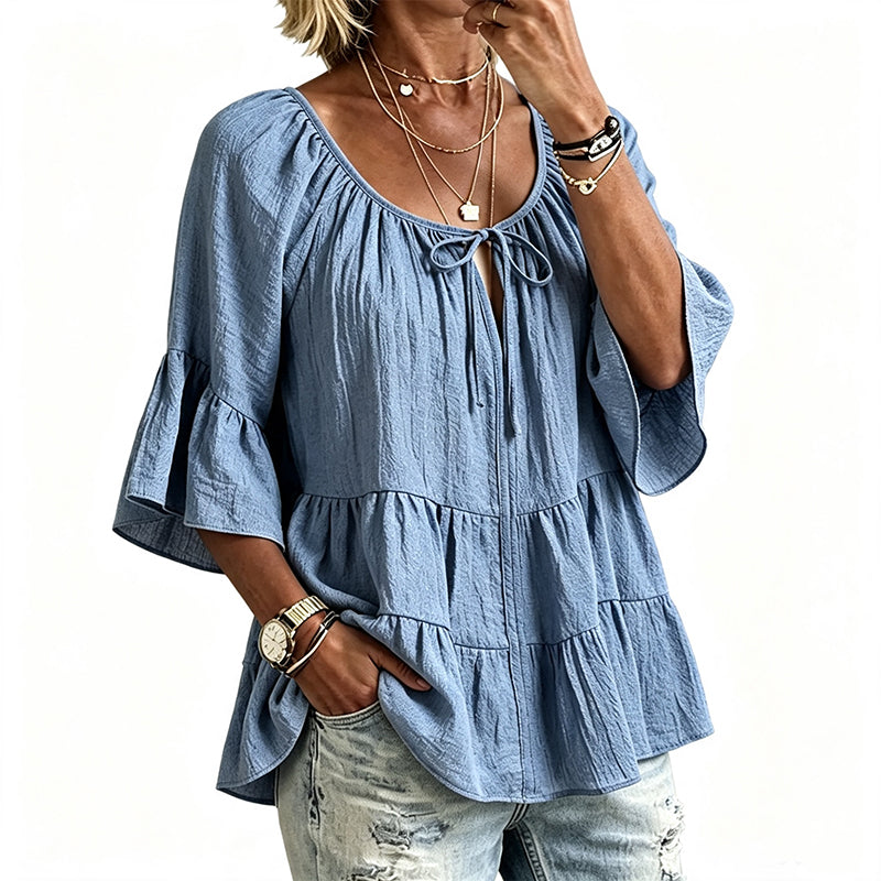 🔥Must-Have👚 Ruffle Tiered Top with 3/4 Sleeves - Elegant Movement & Soft Texture for Effortless Chic