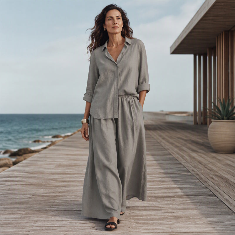 Women's Long Sleeve Shirt & Wide-Leg Pants Set