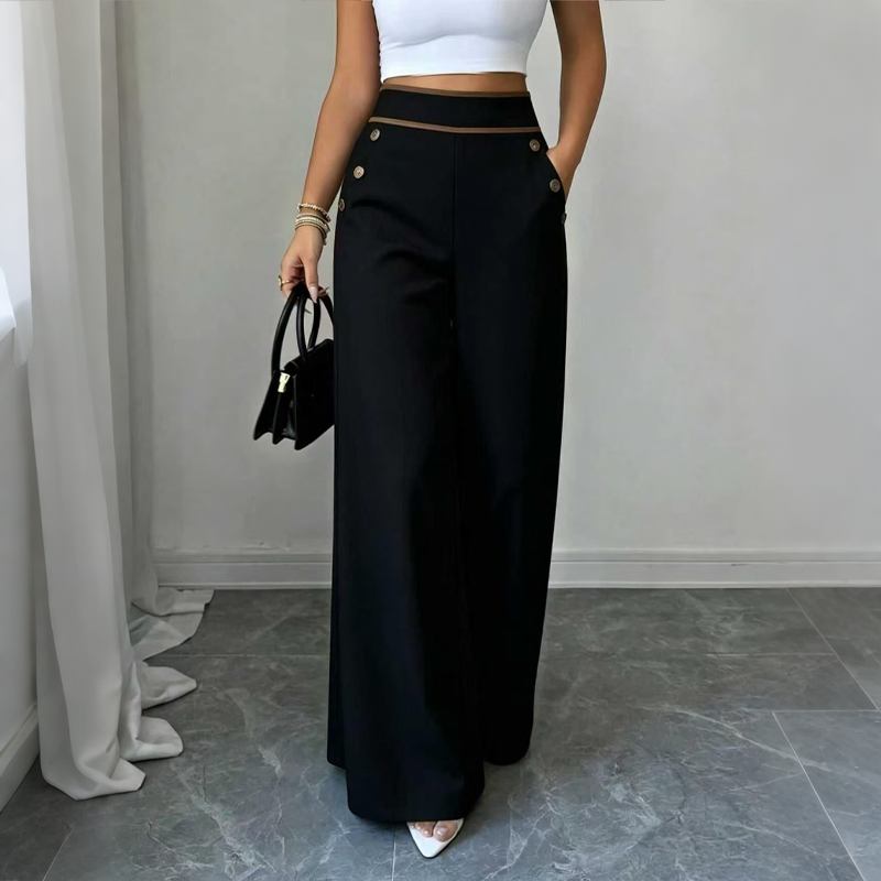 Women's High-Waisted Wide-Leg Pants with Contrast Trim