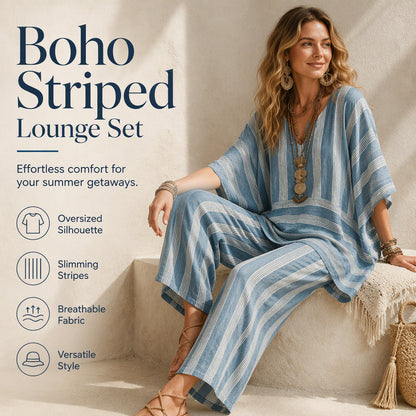 Women's Loose V-Neck Striped 2-Piece Casual Set
