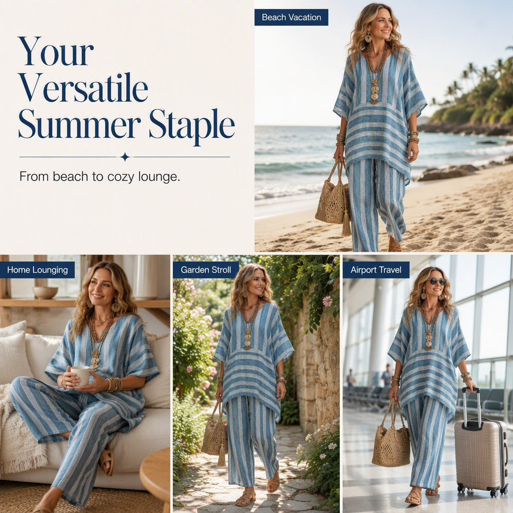 Women's Loose V-Neck Striped 2-Piece Casual Set
