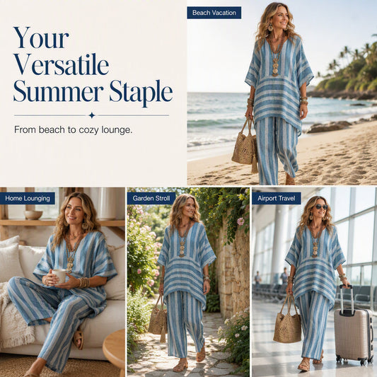Women's Loose V-Neck Striped 2-Piece Casual Set