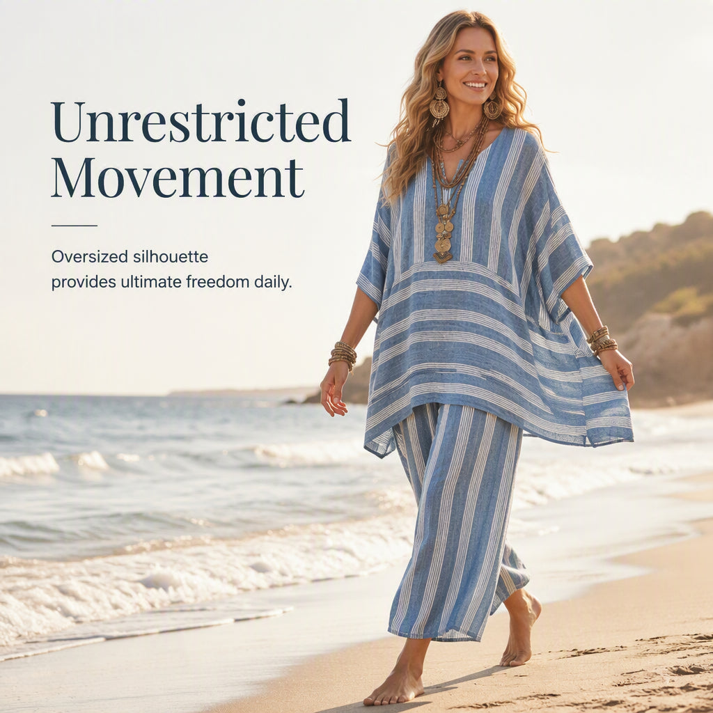 Women's Loose V-Neck Striped 2-Piece Casual Set