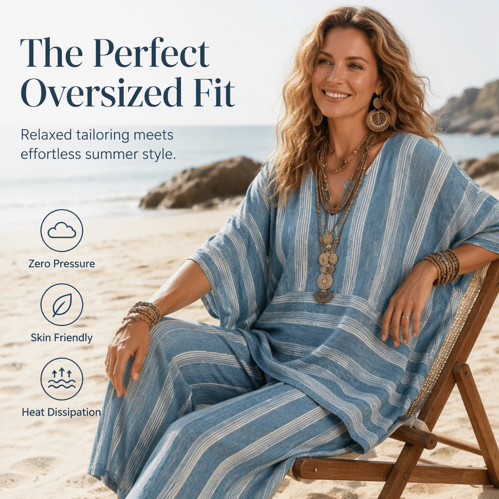Women's Loose V-Neck Striped 2-Piece Casual Set