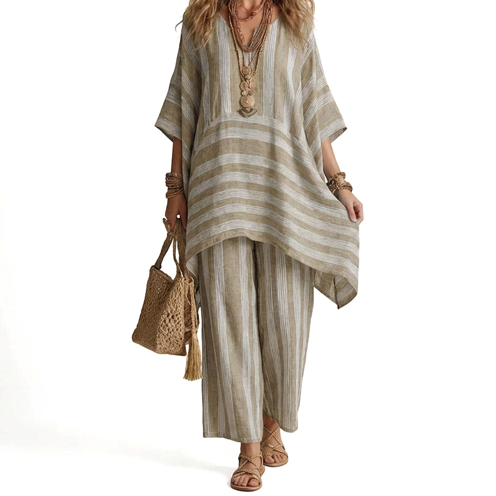 Women's Loose V-Neck Striped 2-Piece Casual Set