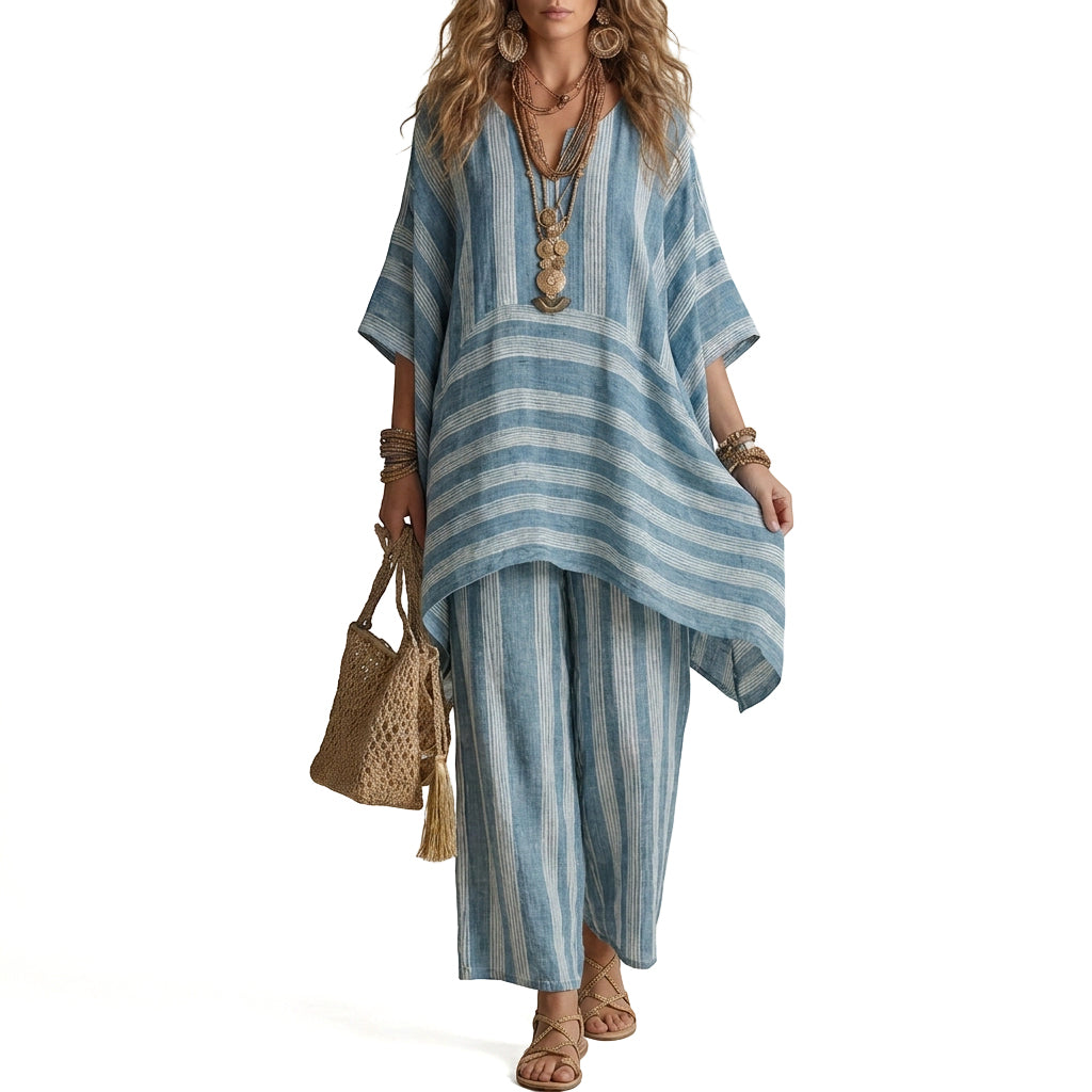 Women's Loose V-Neck Striped 2-Piece Casual Set