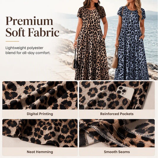 ⏳🔥LIMITED-TIME 50% OFF! ⏰Women's Leopard Print Maxi Dress with Pockets Casual Short Sleeve Long Dress
