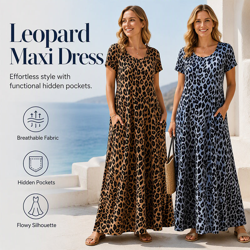 ⏳🔥LIMITED-TIME 50% OFF! ⏰Women's Leopard Print Maxi Dress with Pockets Casual Short Sleeve Long Dress