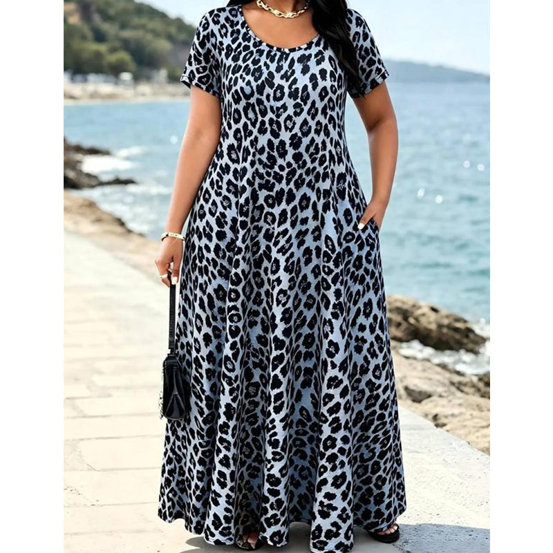 ⏳🔥LIMITED-TIME 50% OFF! ⏰Women's Leopard Print Maxi Dress with Pockets Casual Short Sleeve Long Dress