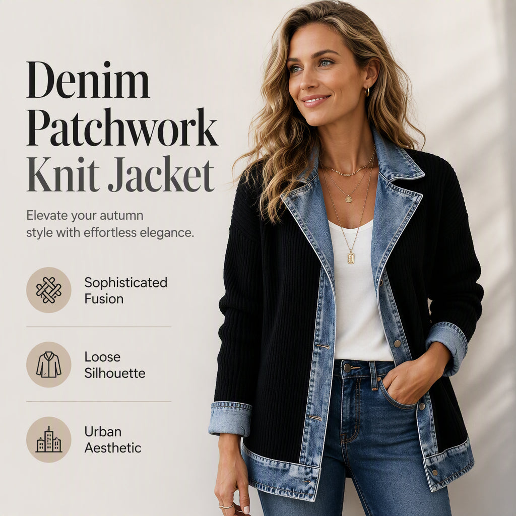 ⌛Limited-time offer-Women’s Elegant Denim Spliced Ribbed Knit Coat
