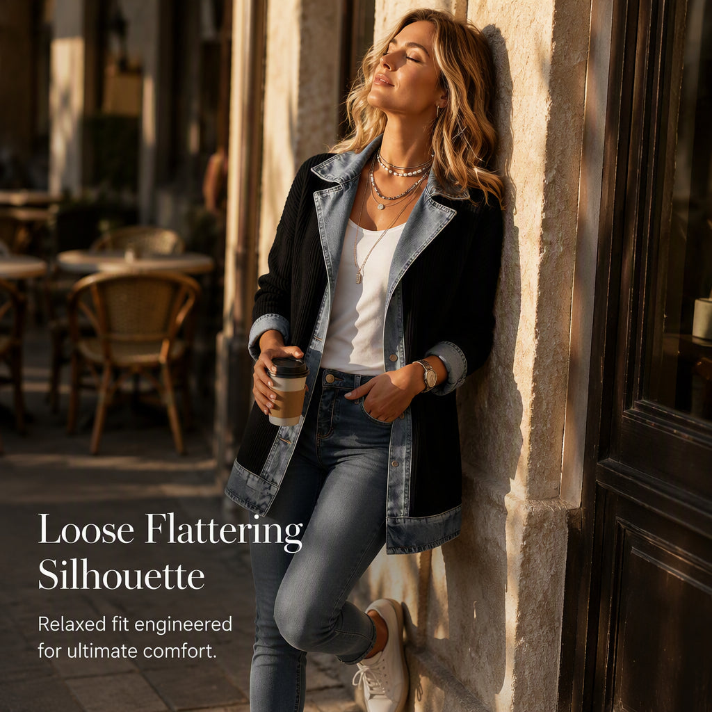 ⌛Limited-time offer-Women’s Elegant Denim Spliced Ribbed Knit Coat