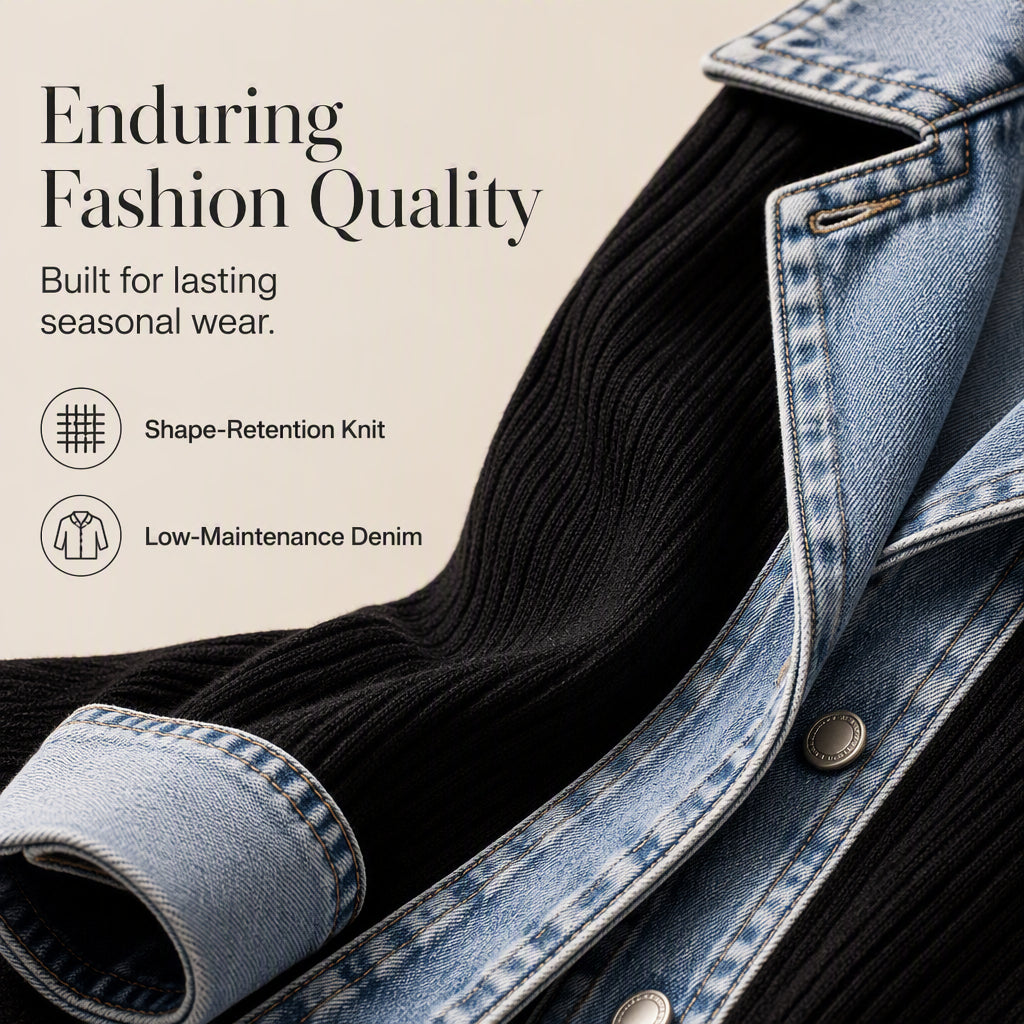 ⌛Limited-time offer-Women’s Elegant Denim Spliced Ribbed Knit Coat