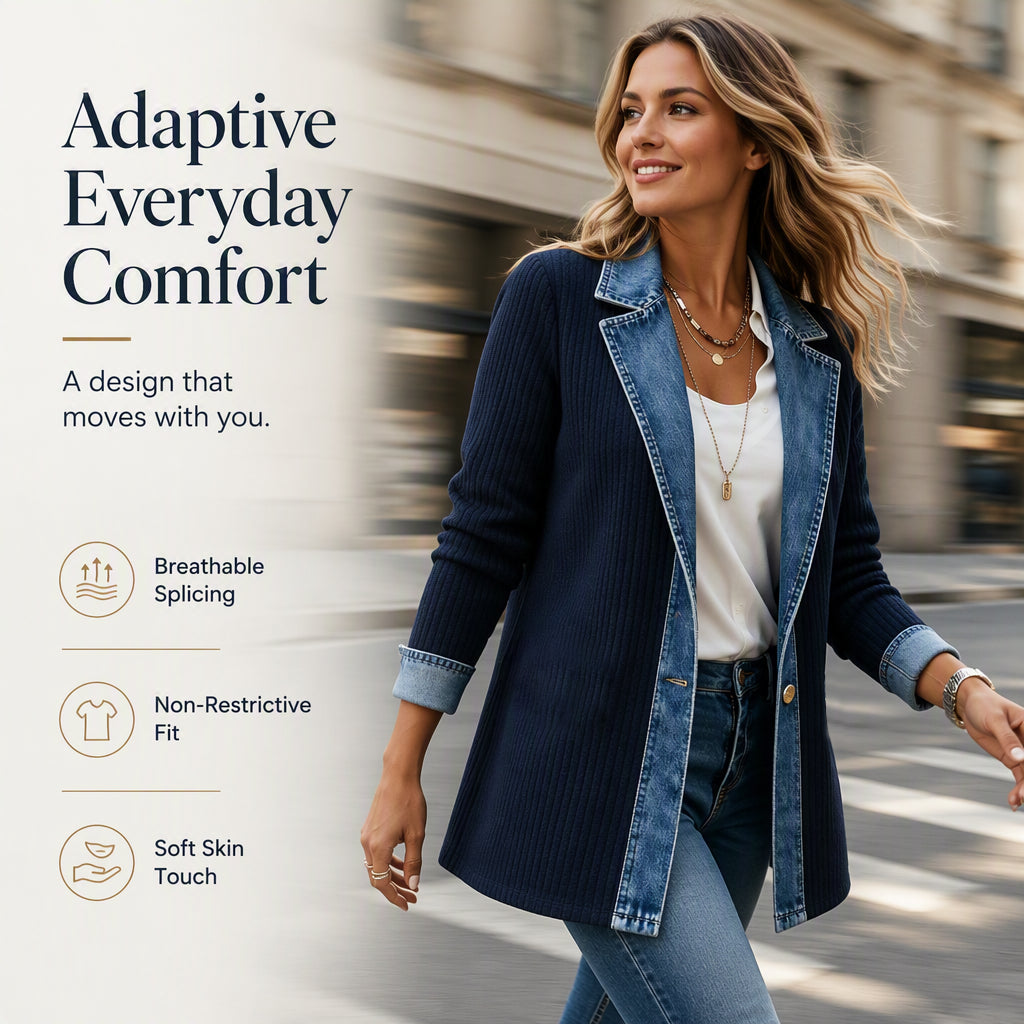 ⌛Limited-time offer-Women’s Elegant Denim Spliced Ribbed Knit Coat