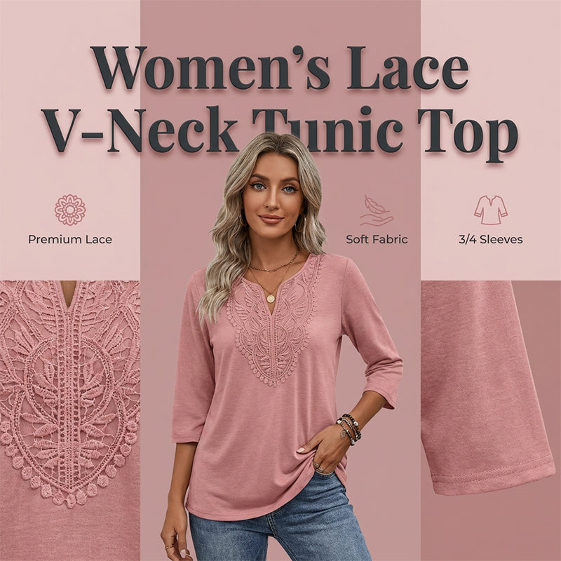 ☀️👚Top Pick - Lace-Trim V-Neck Blouse – Breathable Fabric & Flattering Drape for Work or Weekend 🌿