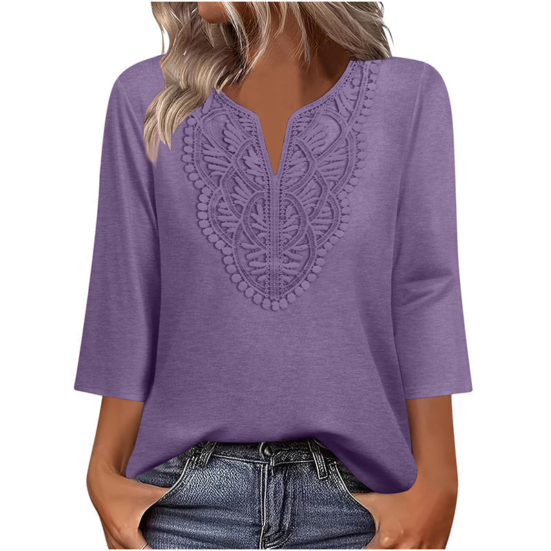 ☀️👚Top Pick - Lace-Trim V-Neck Blouse – Breathable Fabric & Flattering Drape for Work or Weekend 🌿