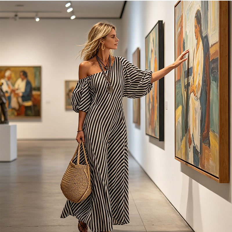 Women's One-Shoulder Striped Maxi Dress