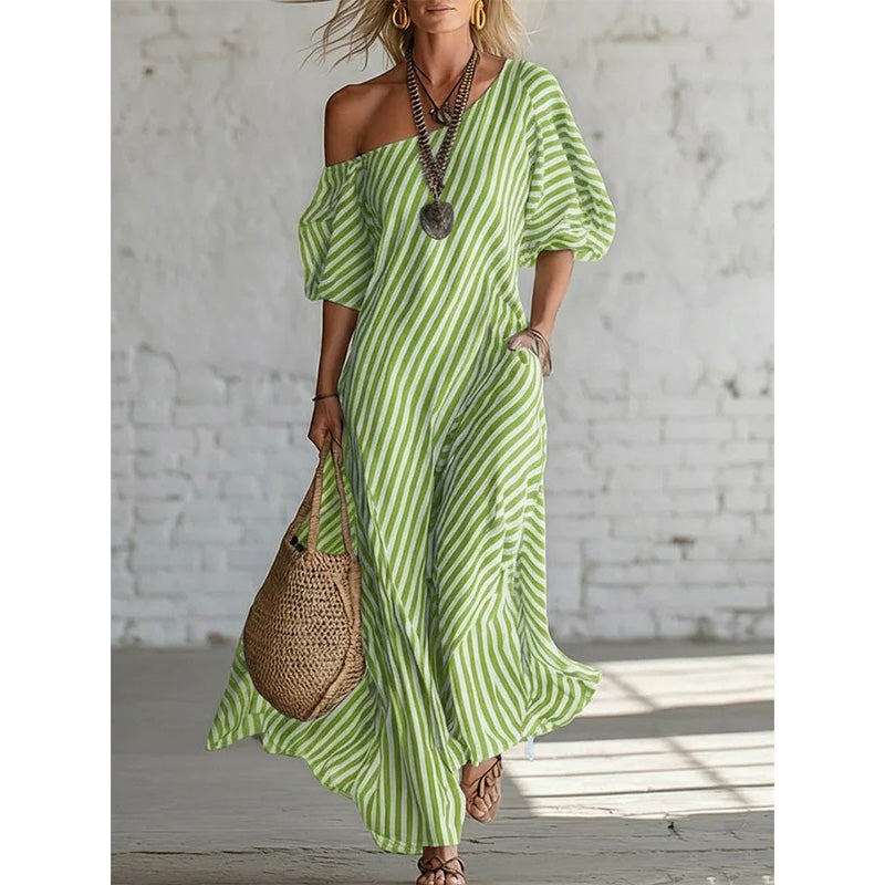 Women's One-Shoulder Striped Maxi Dress
