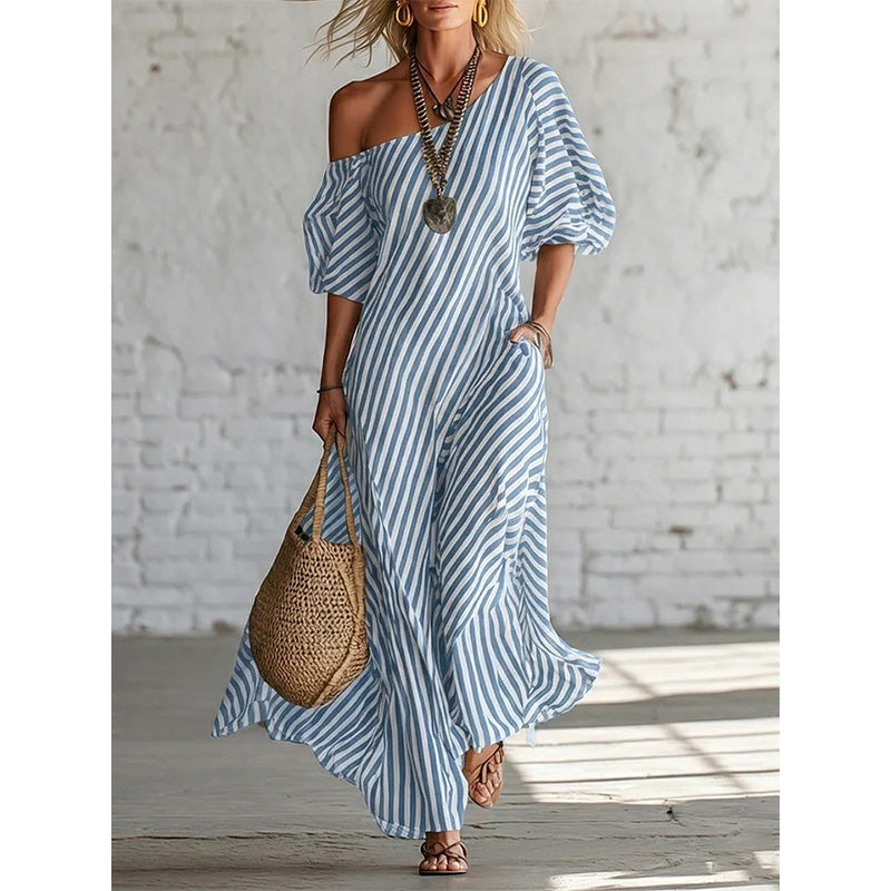 Women's One-Shoulder Striped Maxi Dress