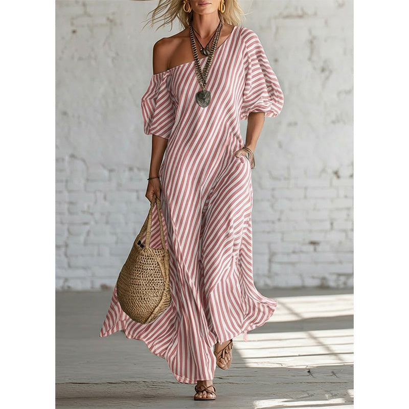 Women's One-Shoulder Striped Maxi Dress