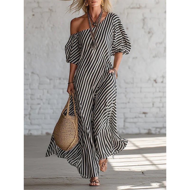 Women's One-Shoulder Striped Maxi Dress