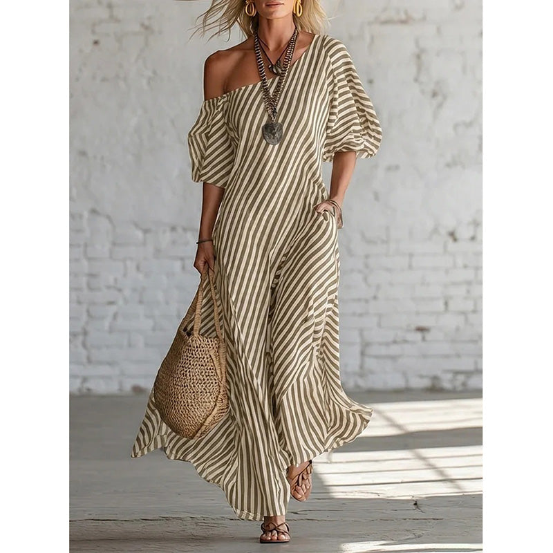 Women's One-Shoulder Striped Maxi Dress