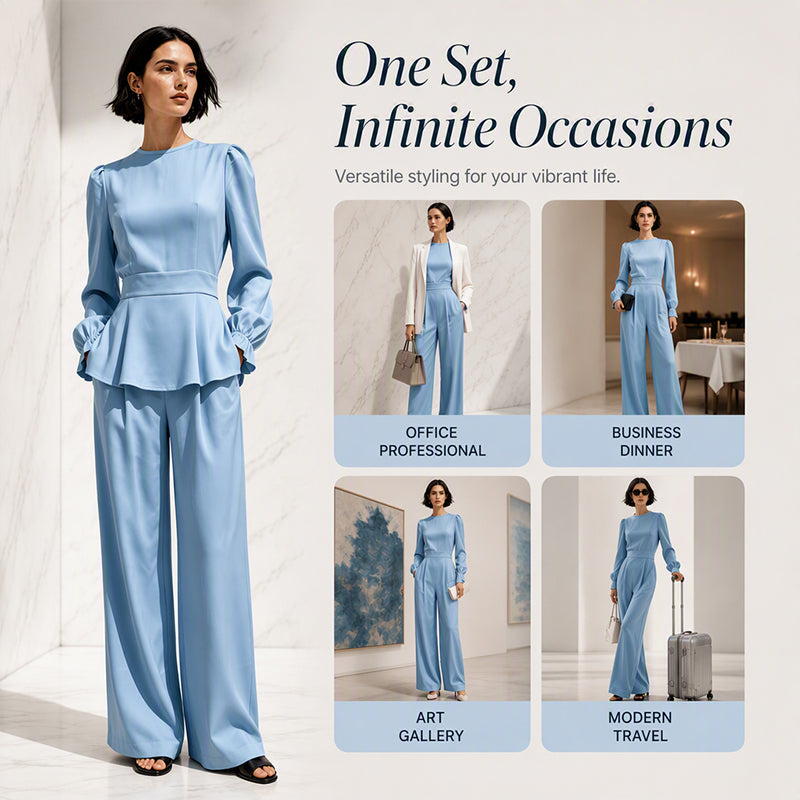Women's Elegant Puff Sleeve Top & Wide-Leg Pants Set