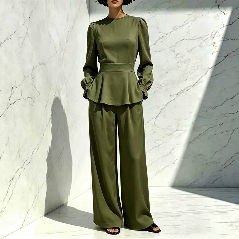 Women's Elegant Puff Sleeve Top & Wide-Leg Pants Set