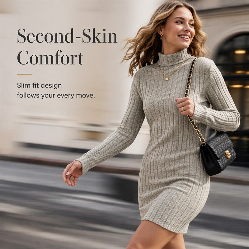 Women's Ribbed Turtleneck Long Sleeve Sweater Dress