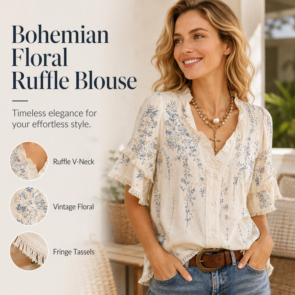 Women's Floral Print Ruffled V-Neck Top